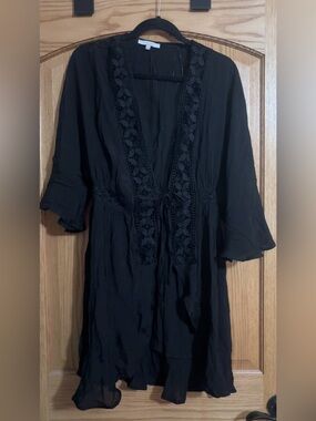 Love Tree Black Crochet Trim Tie-Front Kimono Jacket